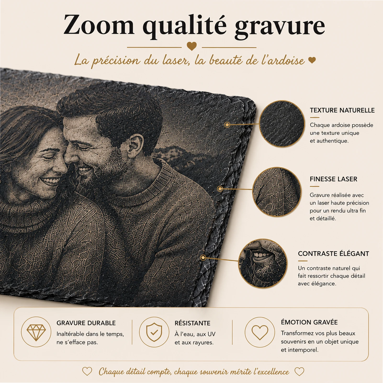 Zoom sur une ardoise gravée au laser d'une photo de couple montrant la texture de la pierre et la finesse du rendu