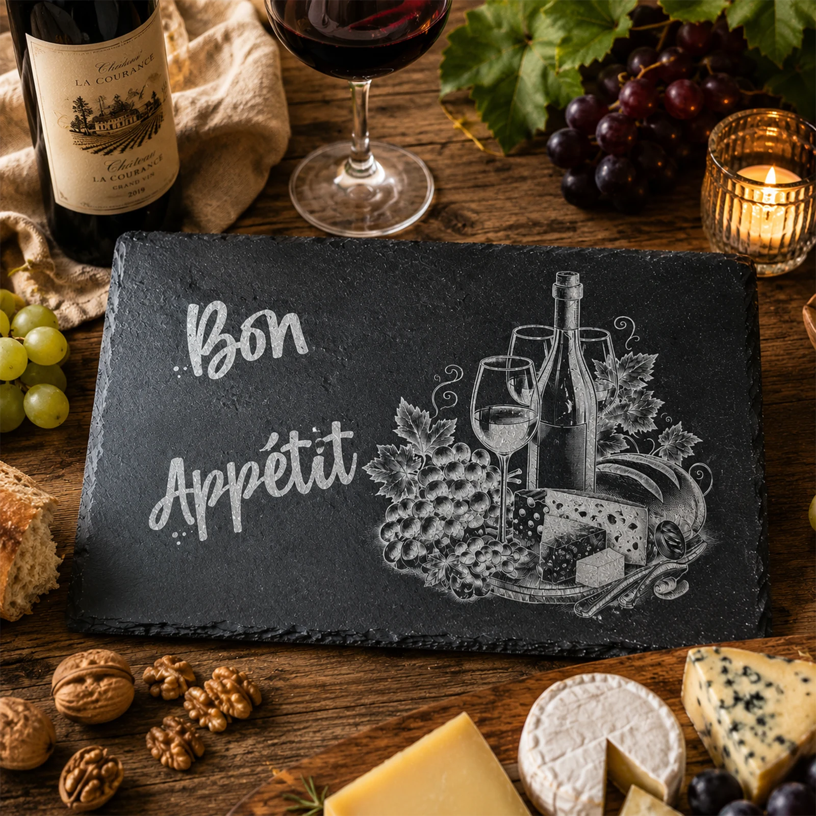 Bouteille de vin, raisins et fromages gravés sur l'ardoise Bon Appétit, mise en ambiance avec vin et fromages
