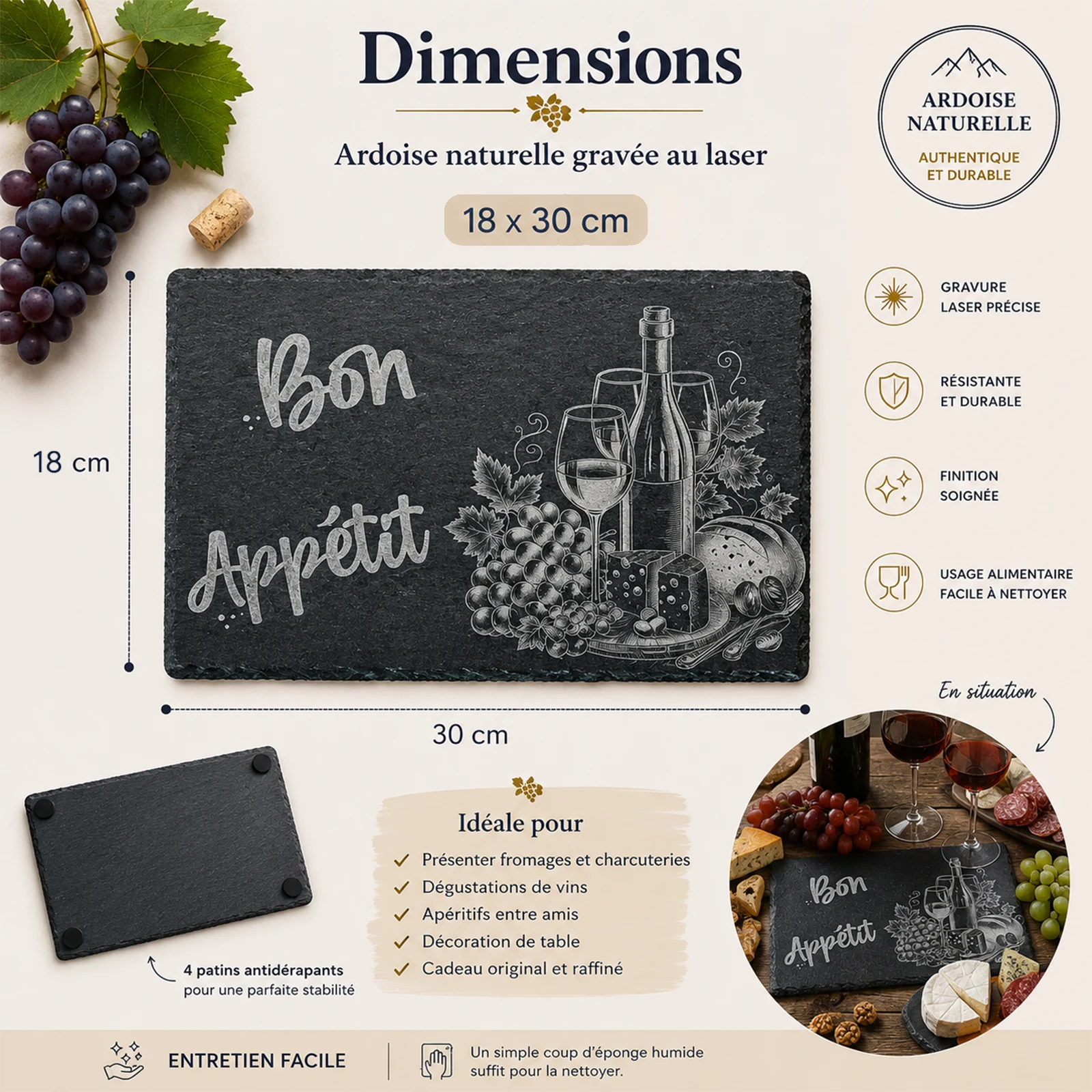 Fiche dimensions de l'ardoise vin et fromage au format 18 x 30 cm avec ses patins antidérapants