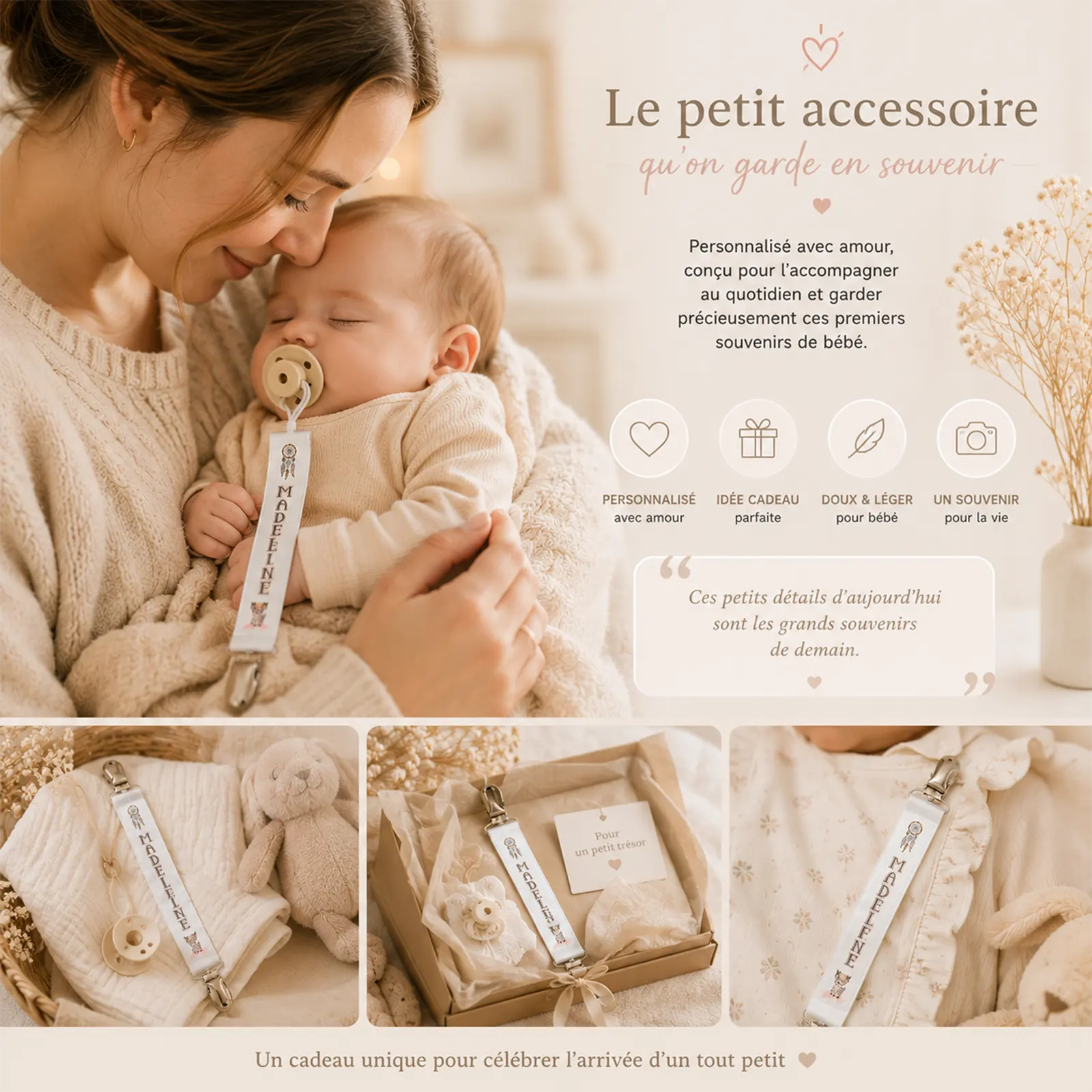 Maman et bébé endormi, attache-tétine blanche à attrape-rêves et faon bohème, prénom à personnaliser