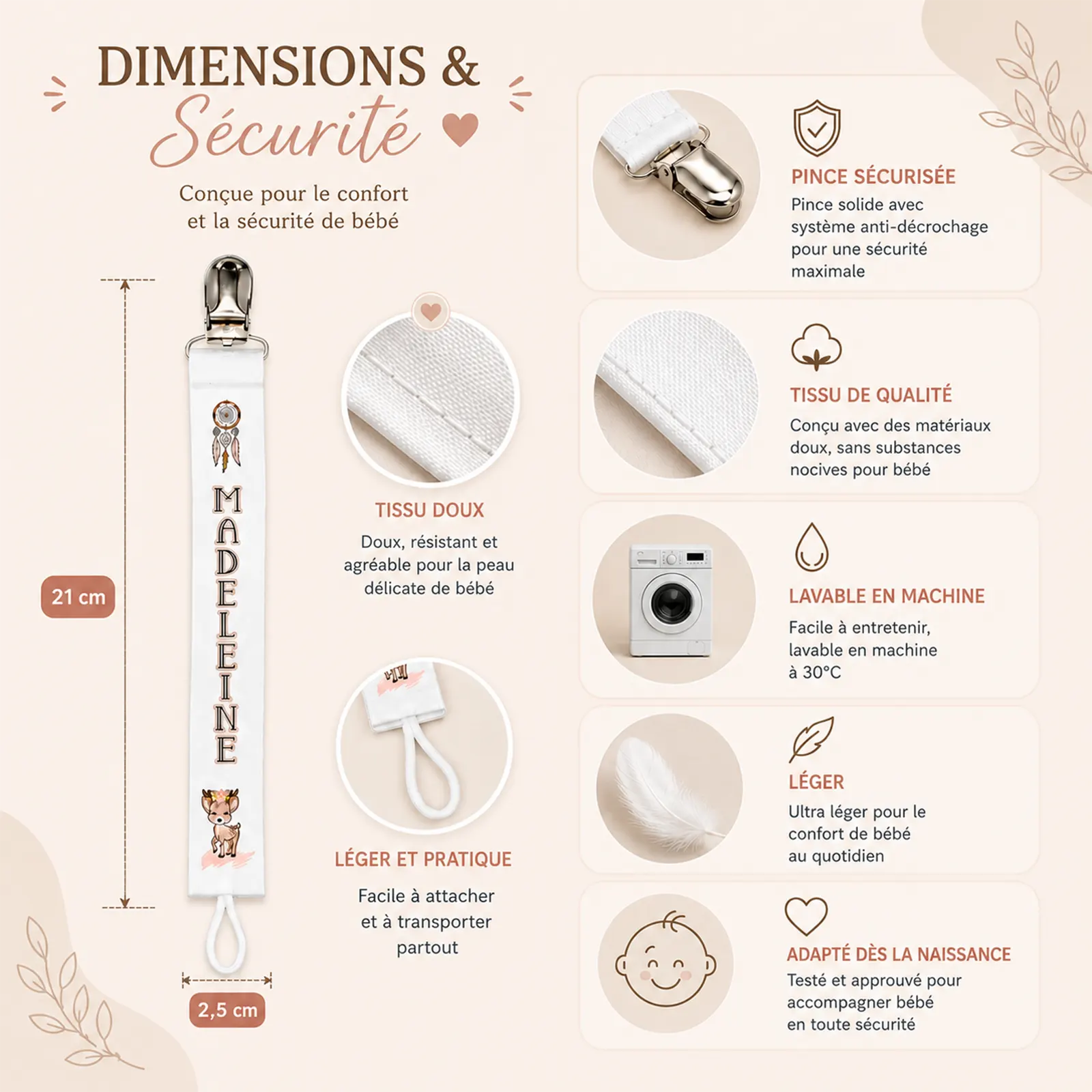 Attache-tétine blanche à motif attrape-rêves et faon bohème, prénom à personnaliser, visuel dimensions et sécurité