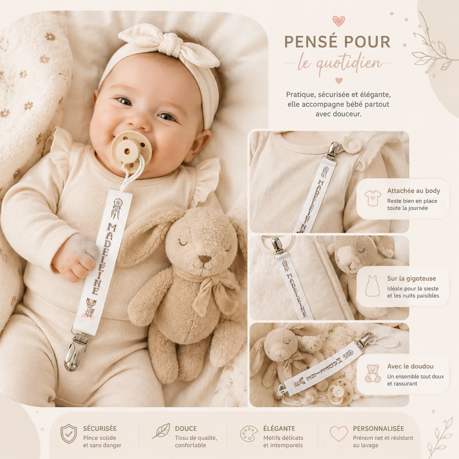 Bébé tenant une tétine reliée à l'attache imprimée du prénom Madeleine et d'un faon, avec son doudou lapin