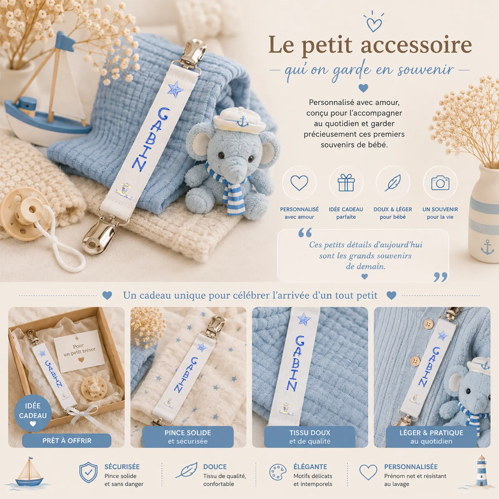 Attache-tétine blanche à étoile bleue et éléphant marin posée près d'une peluche, prénom à personnaliser