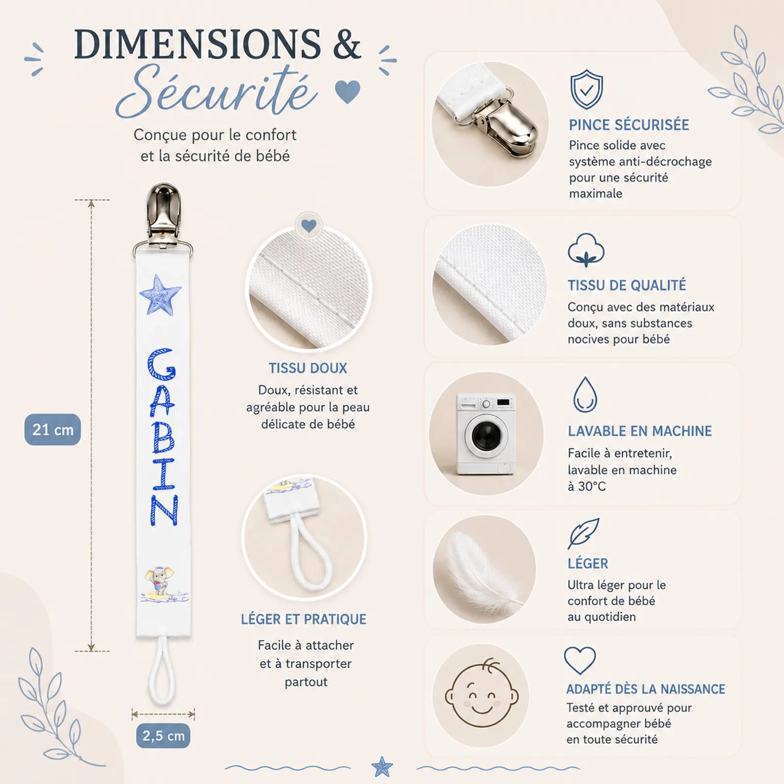 Attache-tétine blanche à étoile bleue et éléphant marin, prénom à personnaliser, visuel dimensions et sécurité