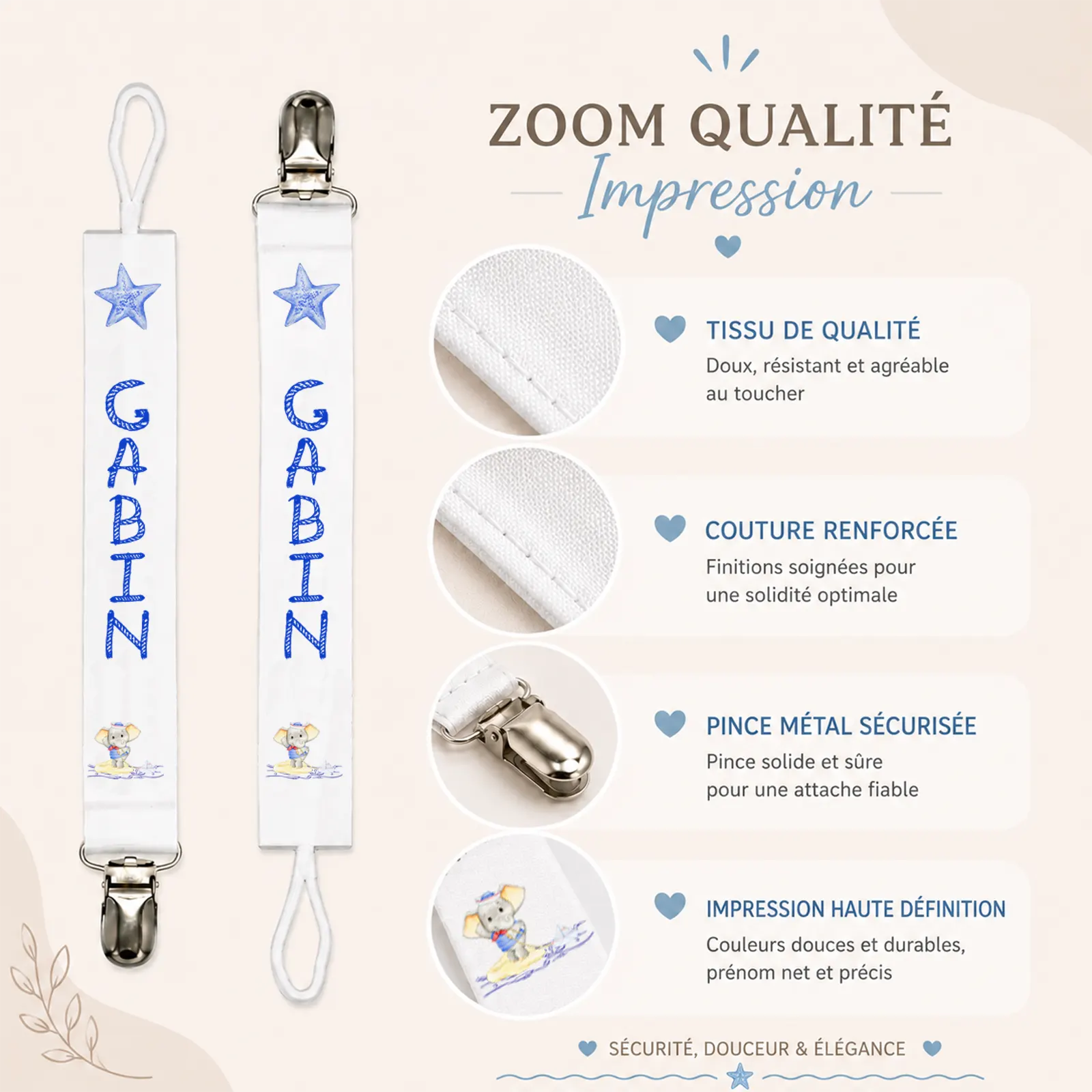 Zoom sur une attache-tétine blanche à étoile bleue et petit éléphant marin, prénom à personnaliser