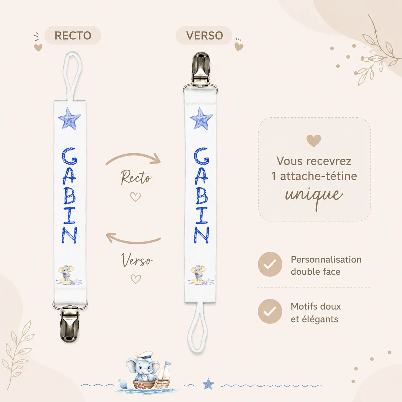 Attache-tétine blanche recto verso avec étoile bleue et éléphant marin, prénom Gabin à personnaliser