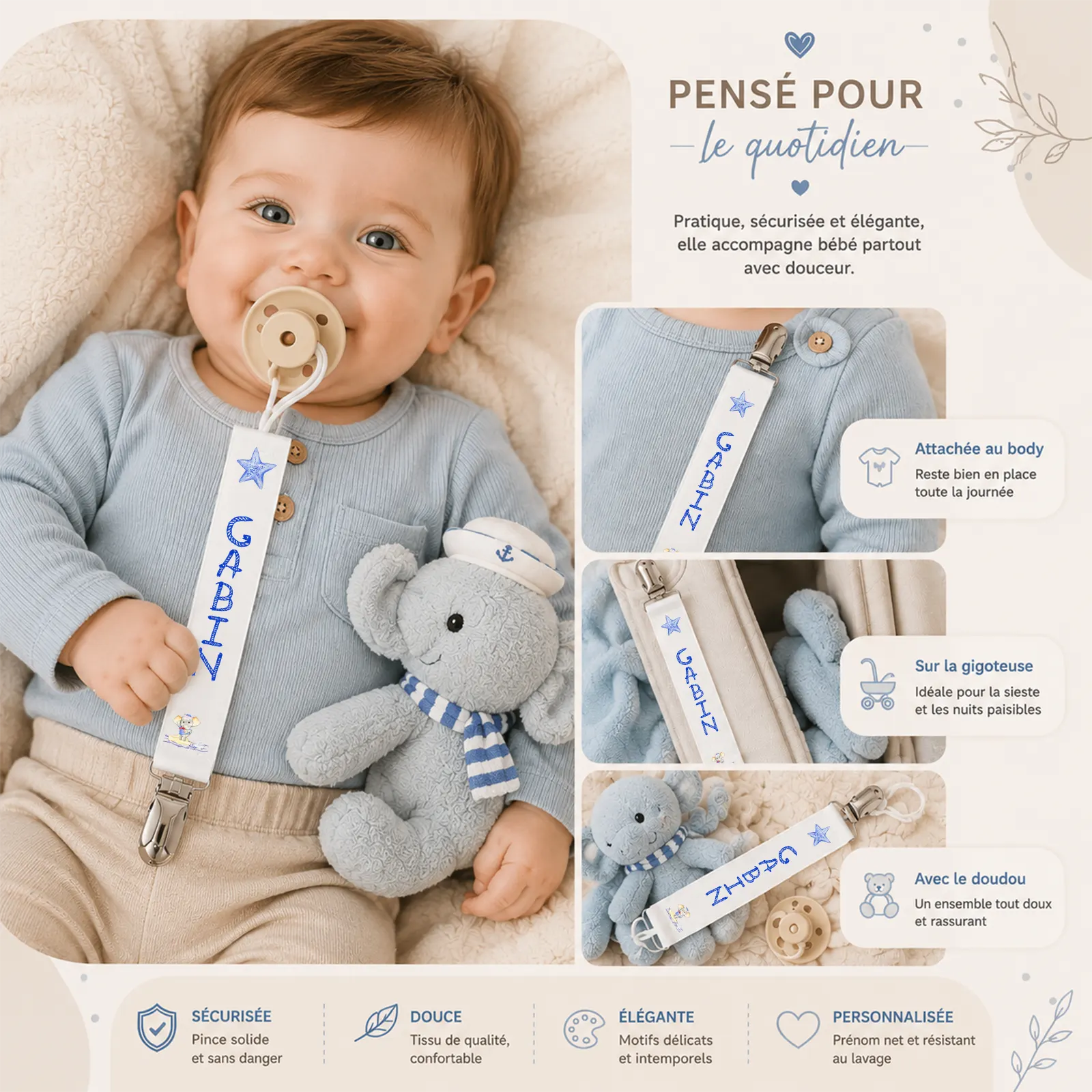 Bébé avec sa tétine reliée à l'attache blanche à étoile bleue et éléphant marin, prénom à personnaliser