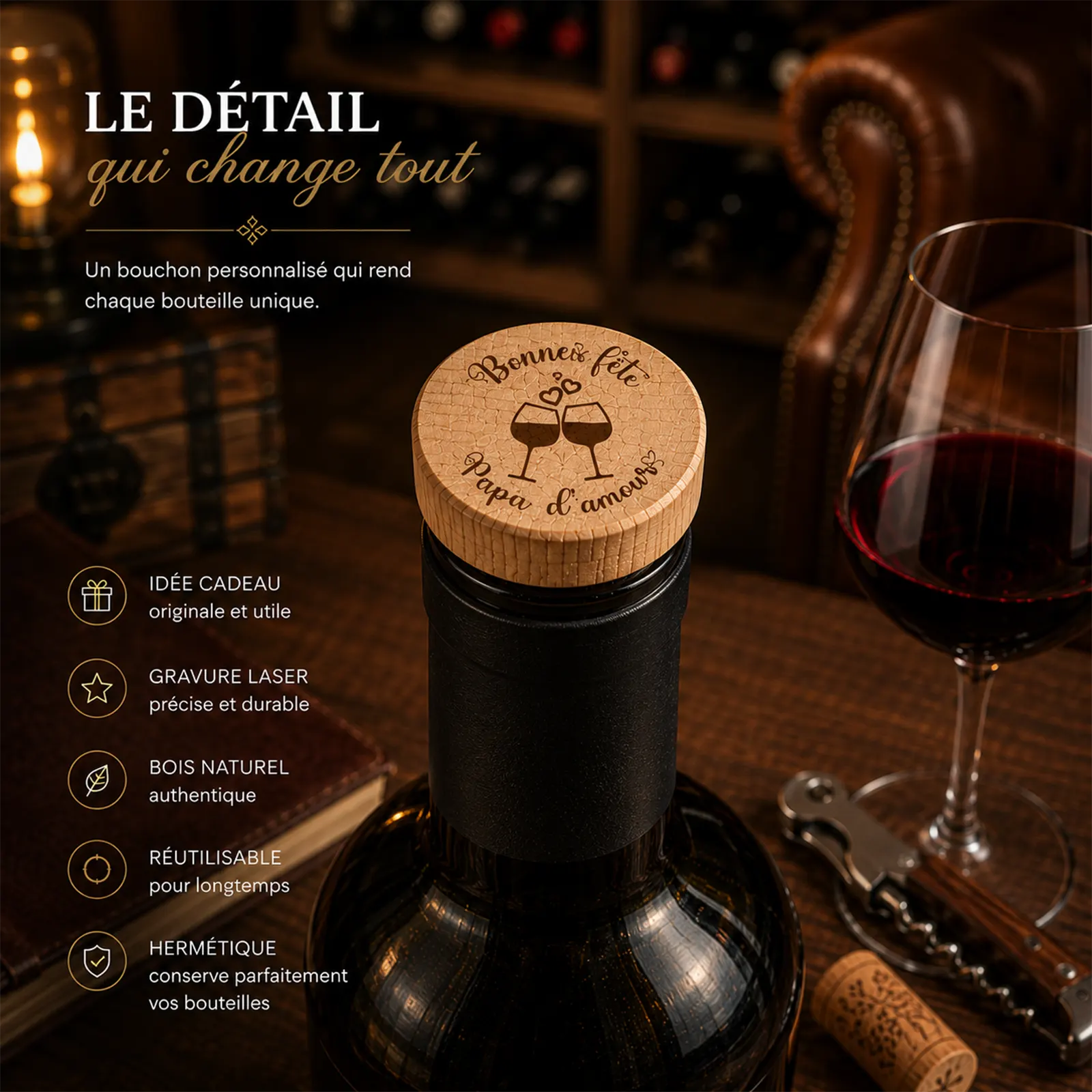 Bouchon en bois gravé « Bonne fête papa d'amour » sur une bouteille de vin, cave et verre de rouge, à personnaliser