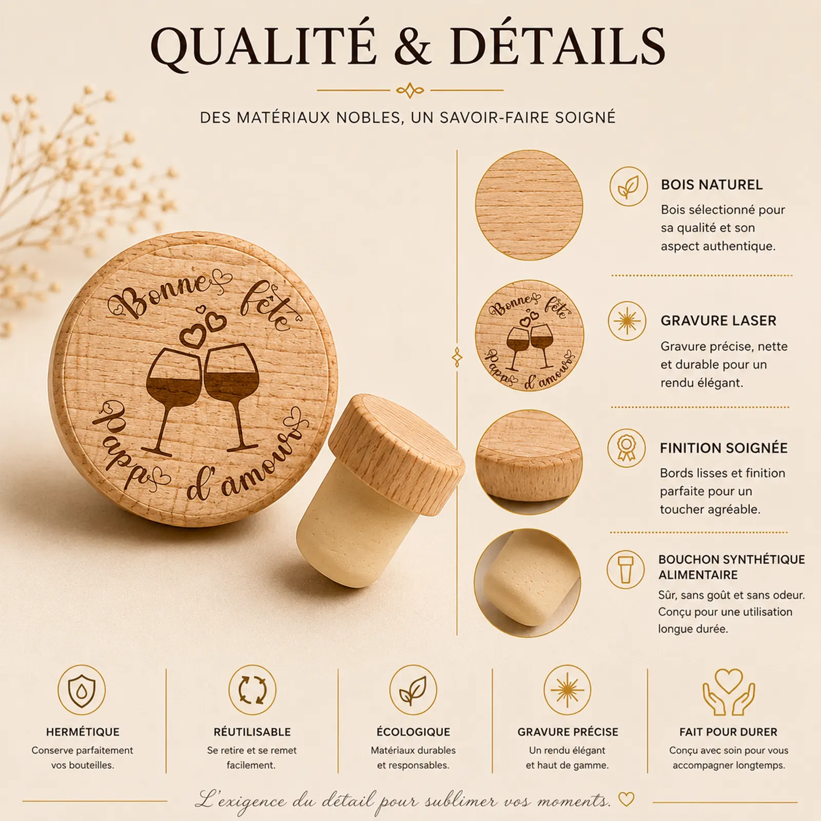 Bouchon de bouteille en bois gravé « Bonne fête papa d'amour » avec verres et cœurs, texte à personnaliser
