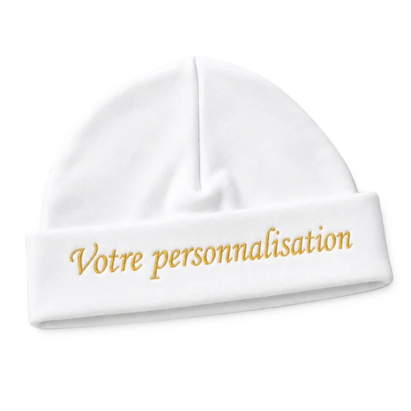 Bonnet de naissance blanc pour bébé, broderie en fil doré à personnaliser au prénom