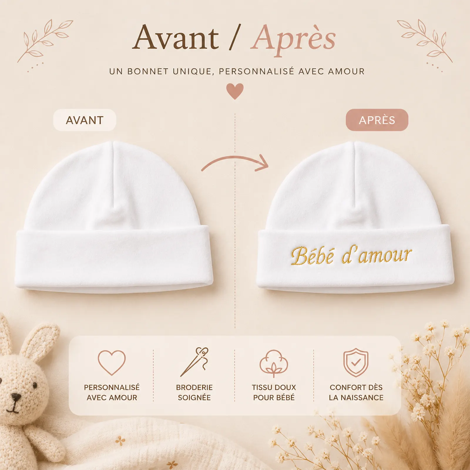 Bonnet de naissance blanc, avant et après broderie « Bébé d'amour » en fil doré, à personnaliser