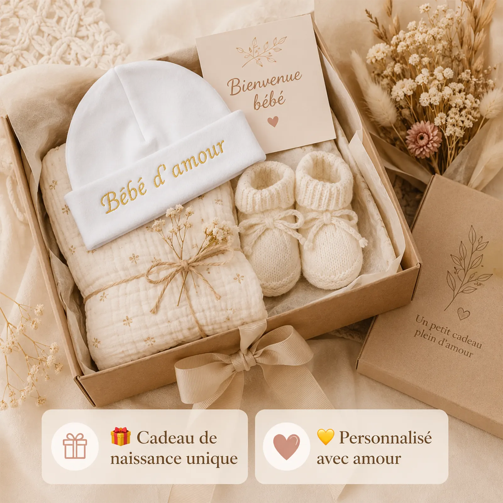 Coffret naissance avec bonnet blanc brodé « Bébé d'amour » doré, lange et chaussons, texte à personnaliser