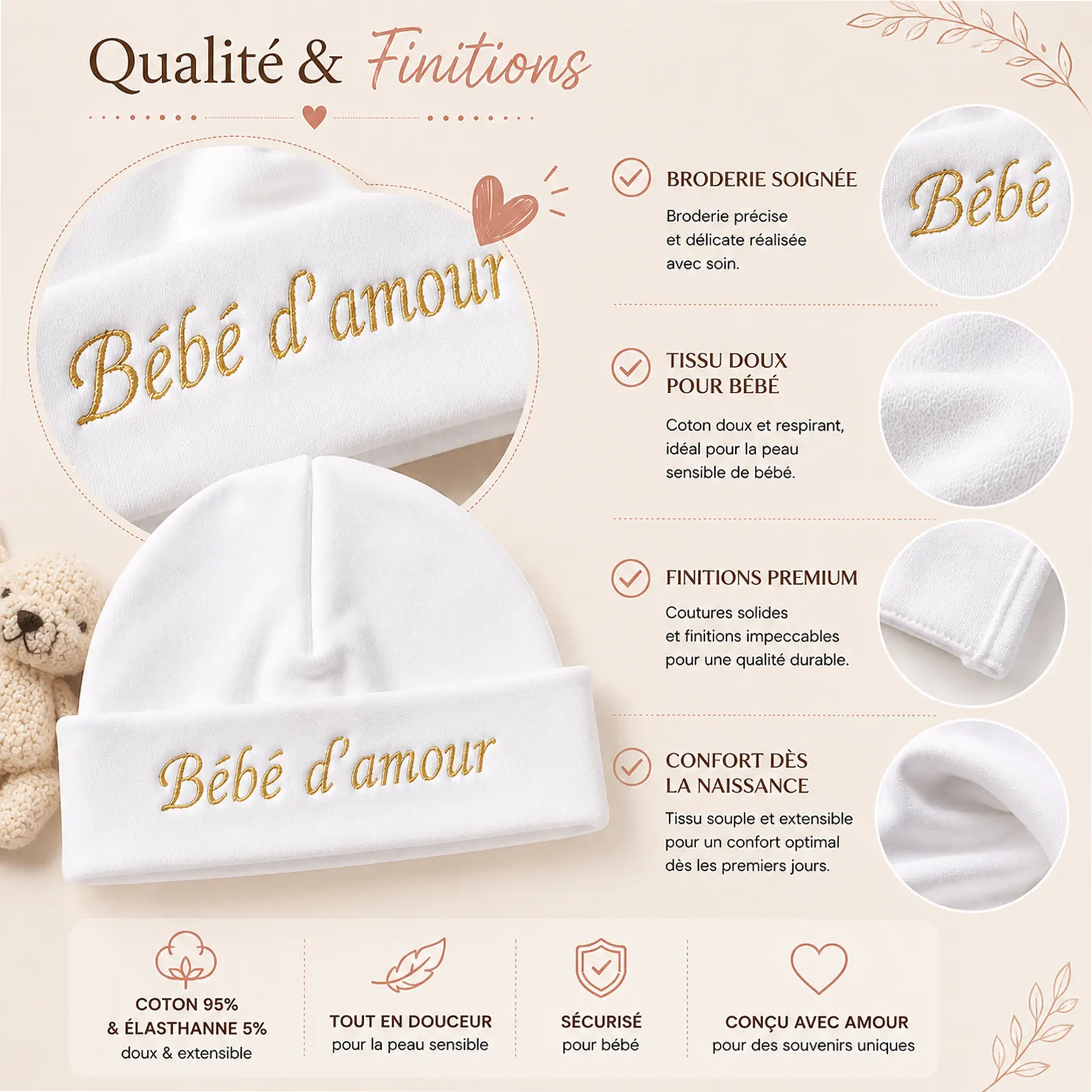 Bonnet de naissance blanc brodé « Bébé d'amour » en fil doré, zoom sur la broderie soignée, à personnaliser