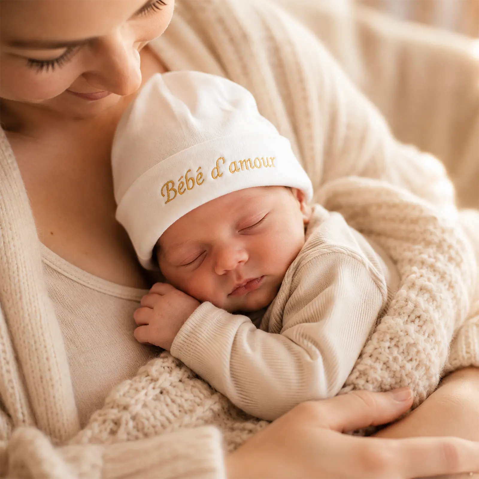 Nouveau-né endormi coiffé d'un bonnet blanc brodé « Bébé d'amour » en fil doré, texte à personnaliser