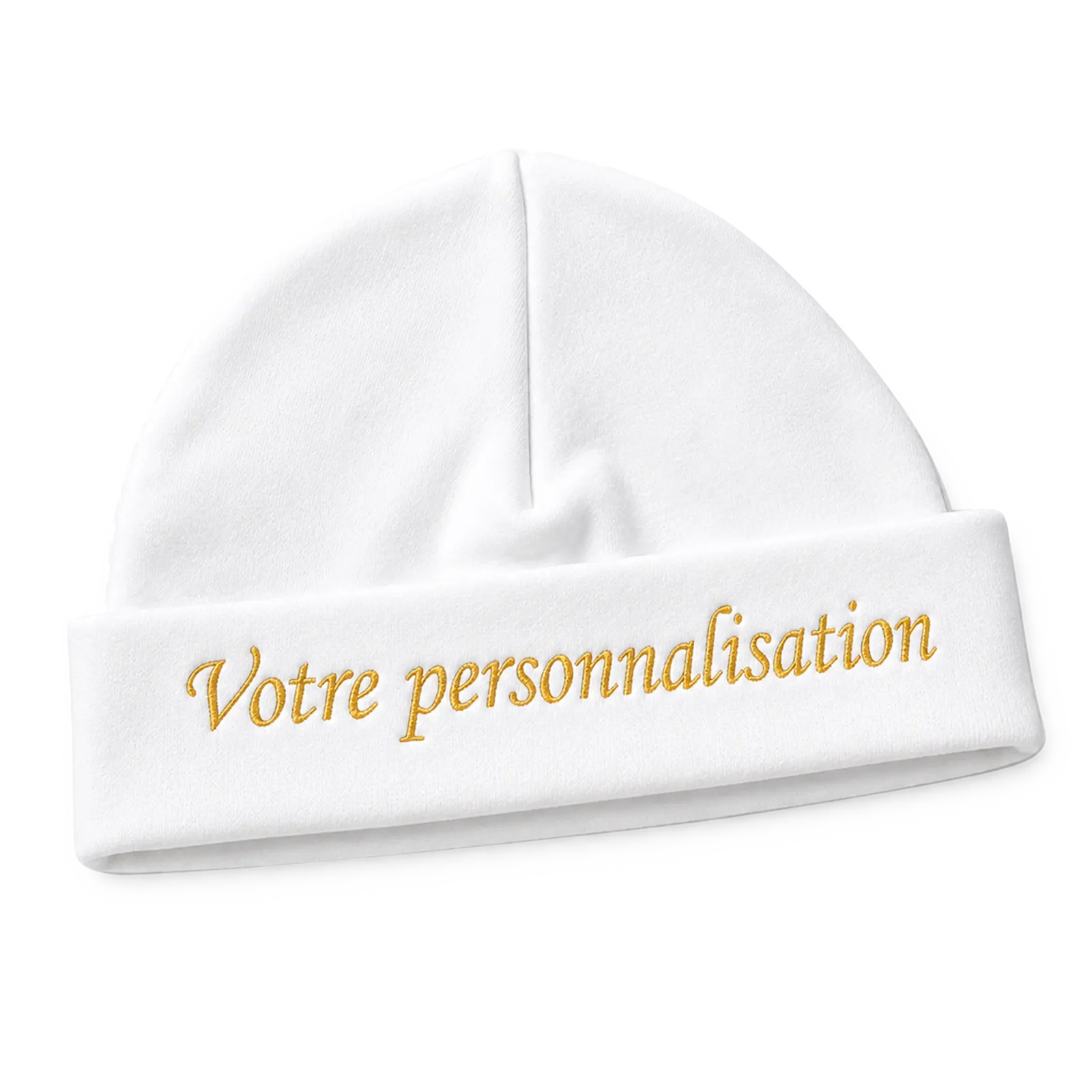 Bonnet de naissance blanc pour bébé, broderie en fil doré à personnaliser au prénom