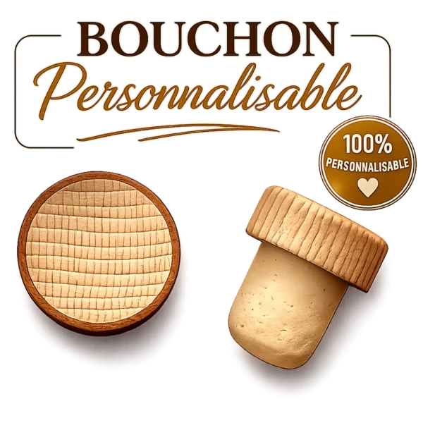 Bouchon de bouteille en liège coiffé d'une tête ronde en bois clair, à personnaliser par gravure