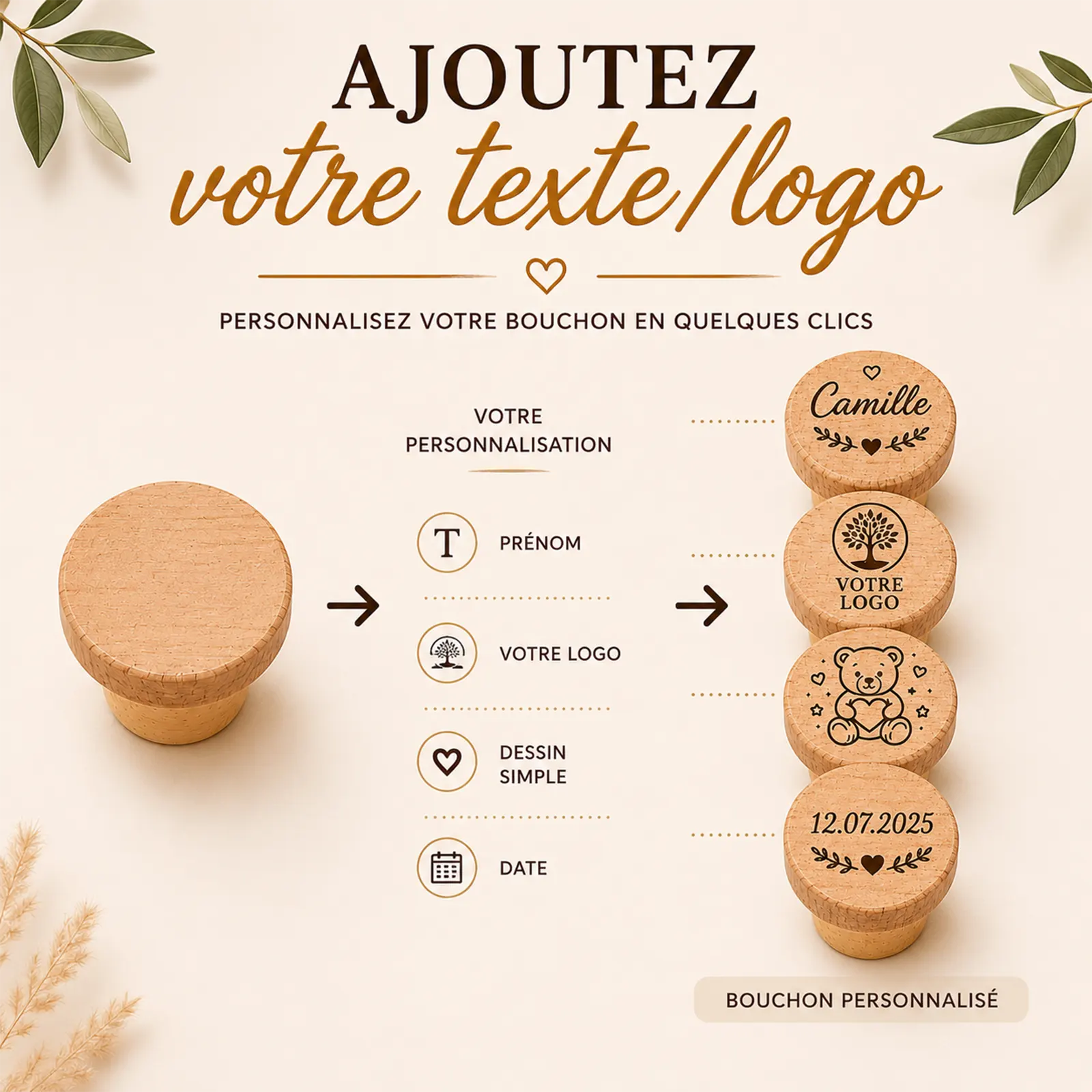 Bouchon de bouteille en bois à personnaliser, exemples gravés d'un prénom, d'un arbre, d'un ourson et d'une date
