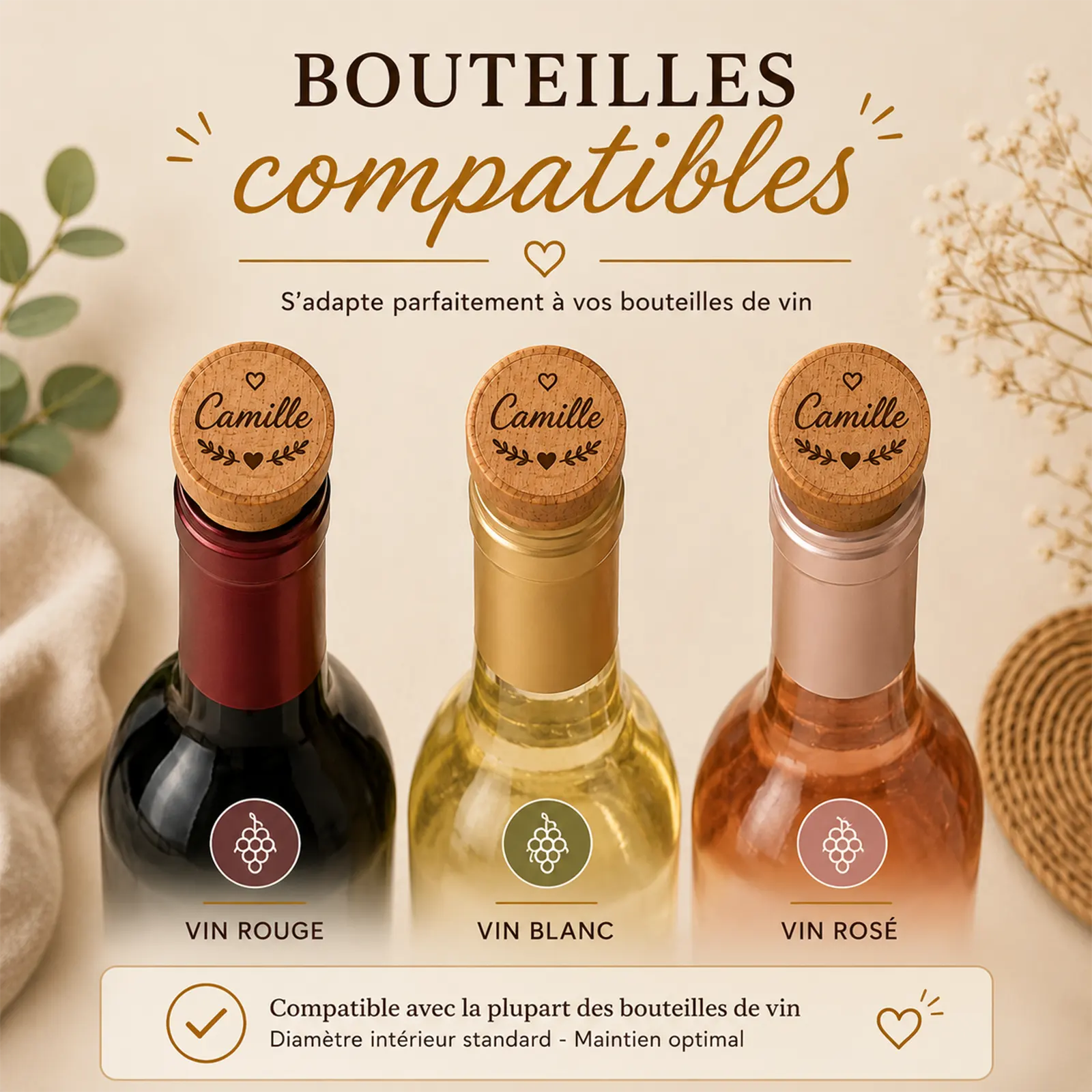 Bouchons en bois gravés au prénom, avec cœur et feuillage, posés sur des bouteilles de vin rouge, blanc et rosé