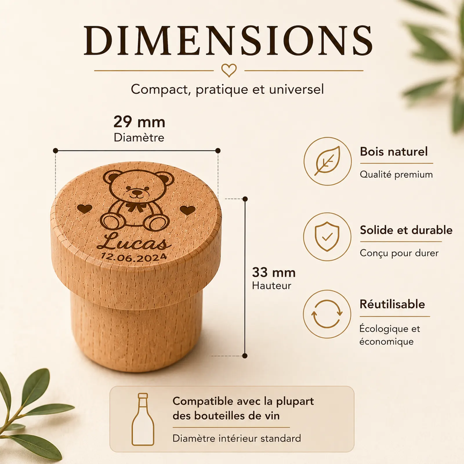Bouchon de bouteille en bois naturel gravé d'un ourson, avec prénom et date à personnaliser