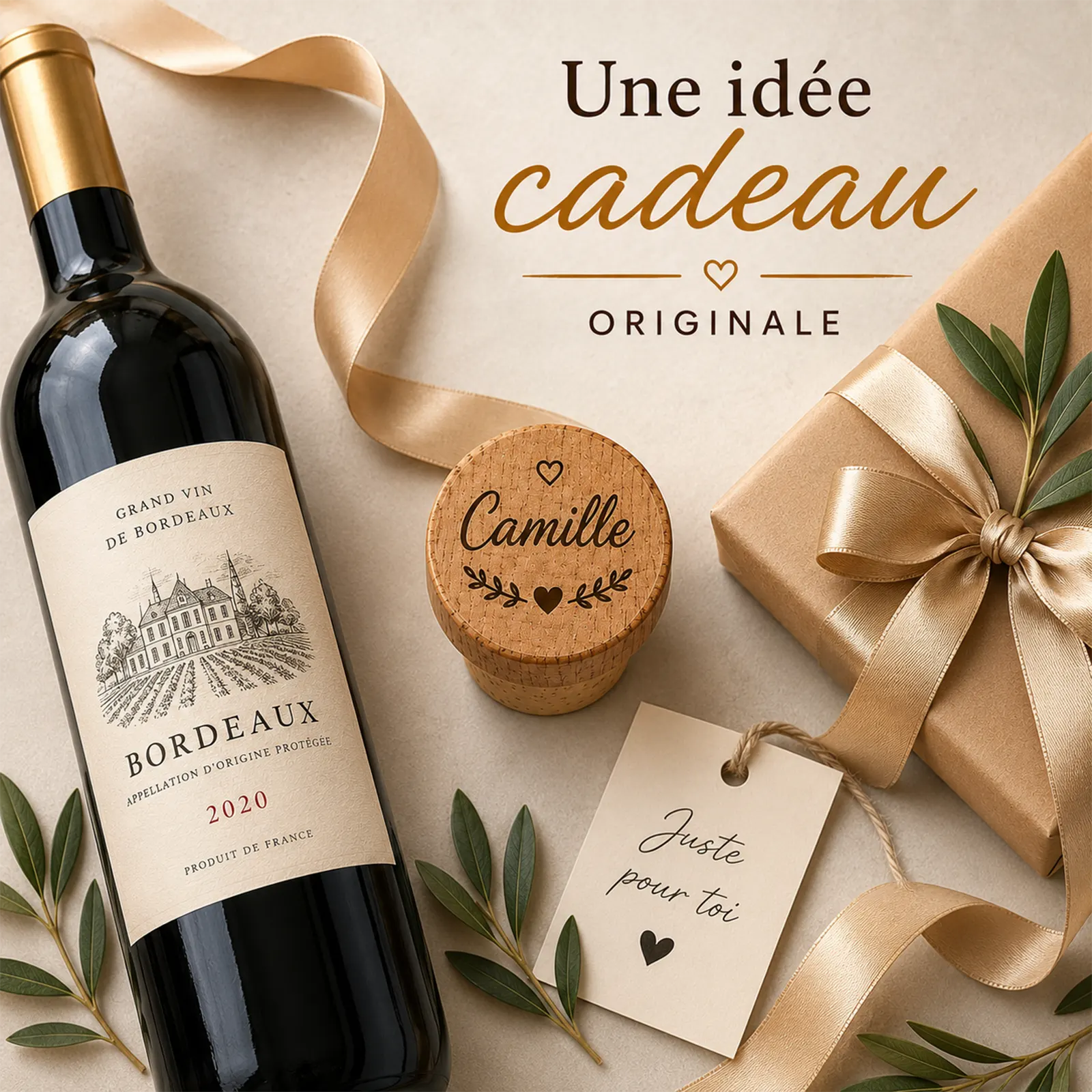 Bouchon en bois gravé au prénom, avec cœur et feuillage, près d'une bouteille de vin de Bordeaux et d'un cadeau emballé