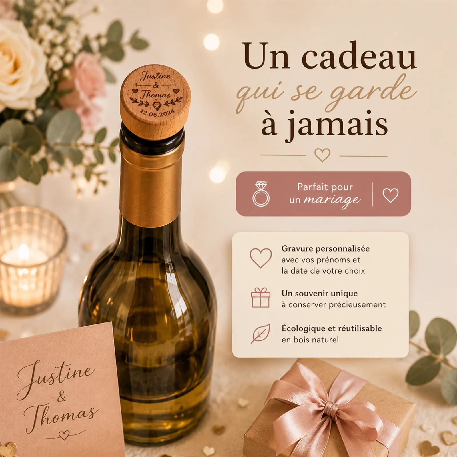 Bouchon de bouteille en bois gravé de deux prénoms et d'une date, sur une bouteille de vin dans un décor de mariage