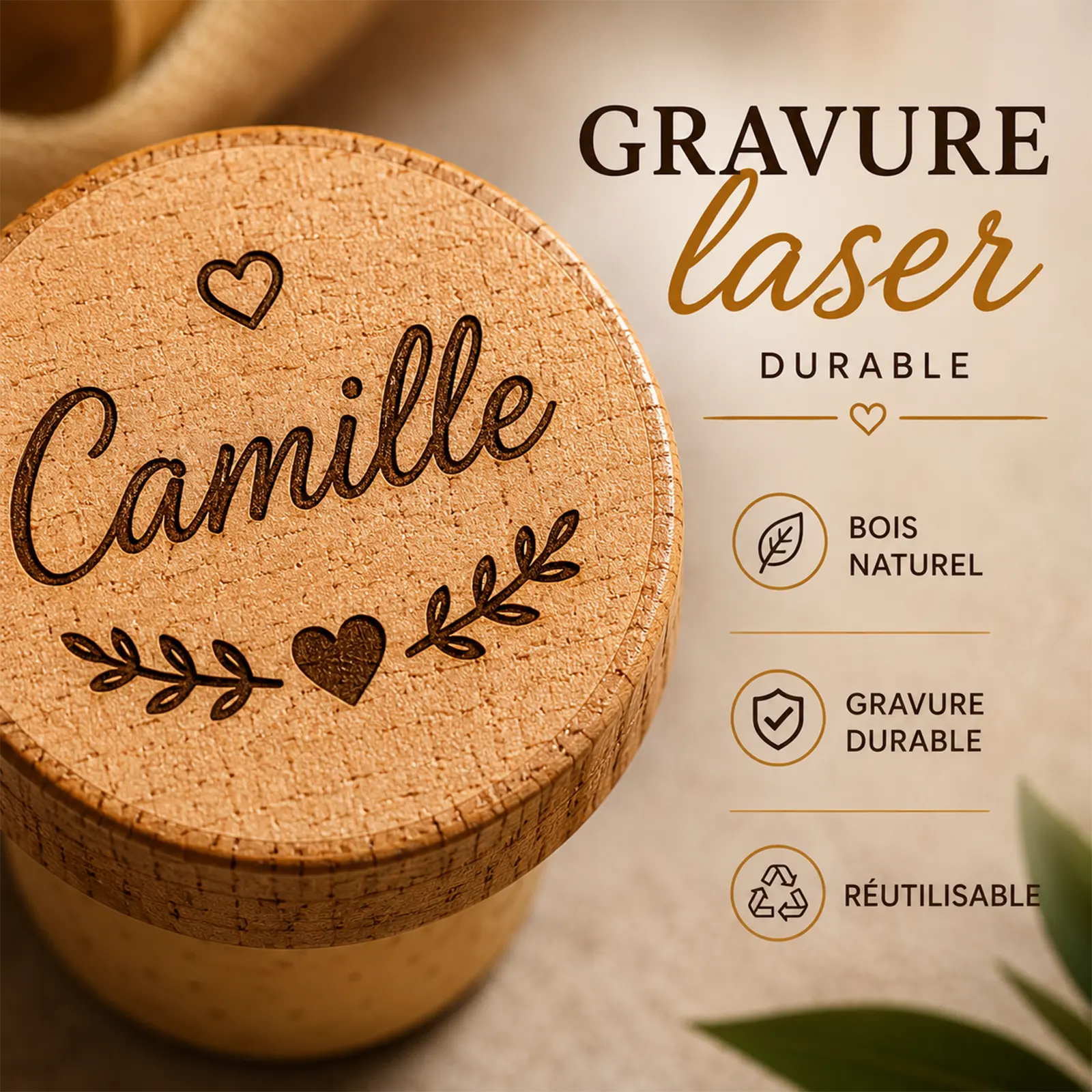 Gros plan d'un bouchon en bois gravé du prénom Camille en cursive, avec cœurs et branche feuillue, prénom à personnaliser