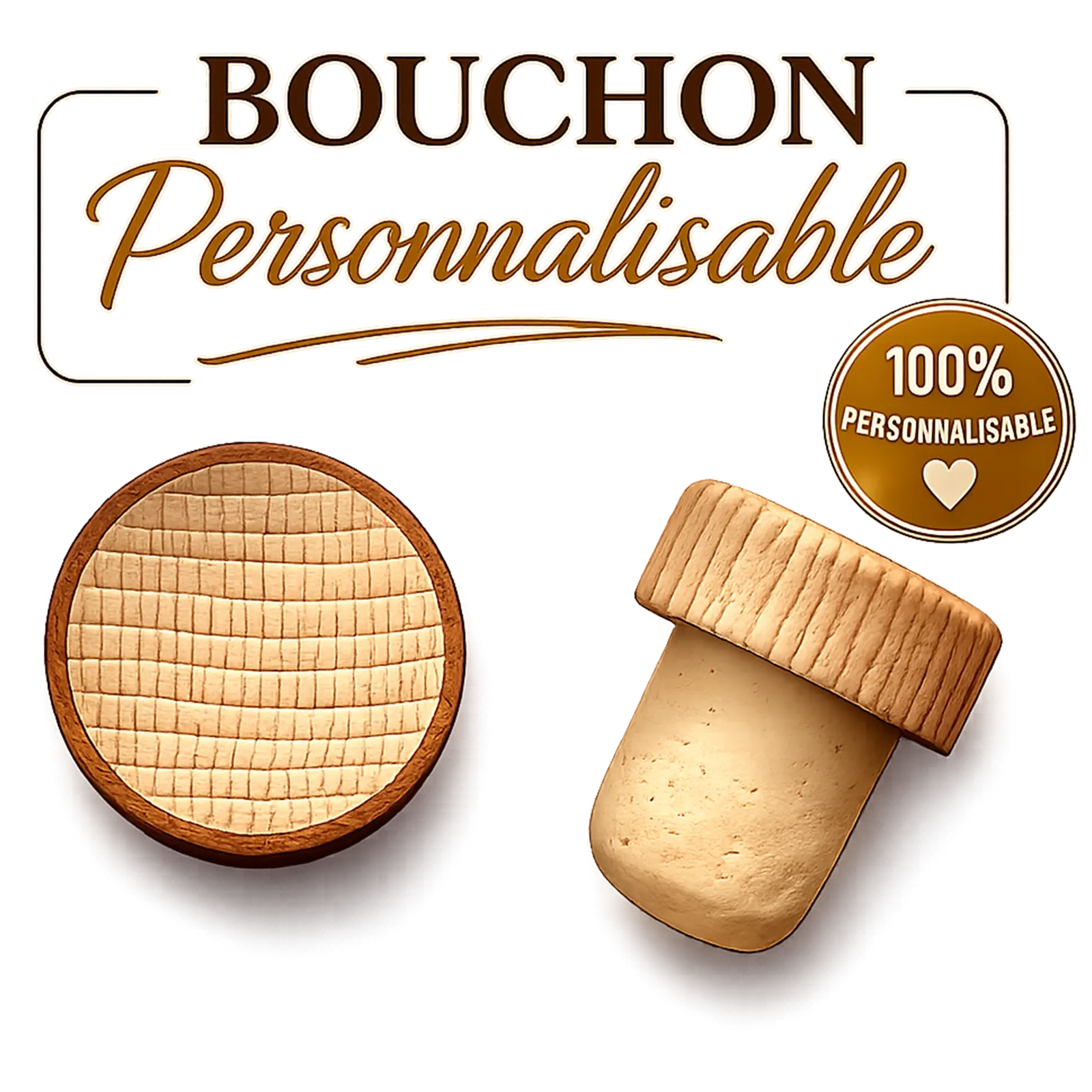 Bouchon de bouteille en liège coiffé d'une tête ronde en bois clair, à personnaliser par gravure