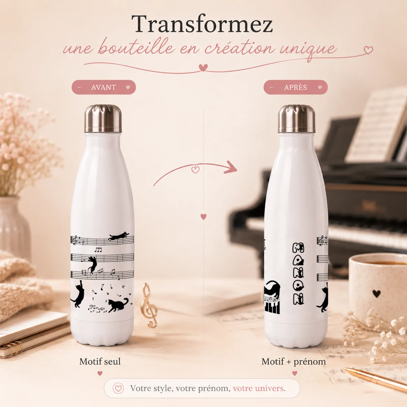 Comparaison avant/après d'une bouteille isotherme blanche à motif chats et notes de musique, avec prénom à personnaliser
