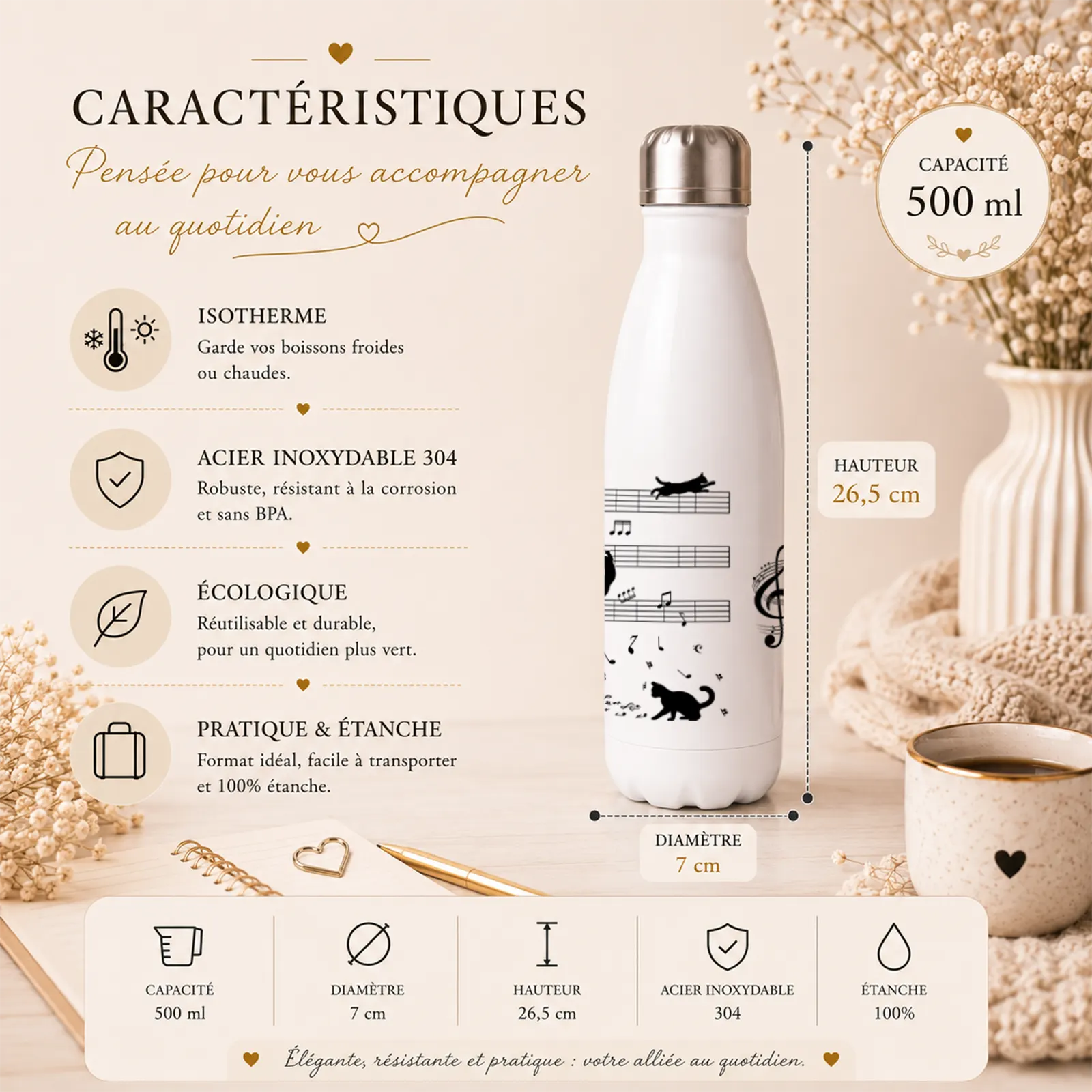 Bouteille isotherme blanche à motif chats et notes de musique, en acier inoxydable, 500 ml et 26,5 cm de haut