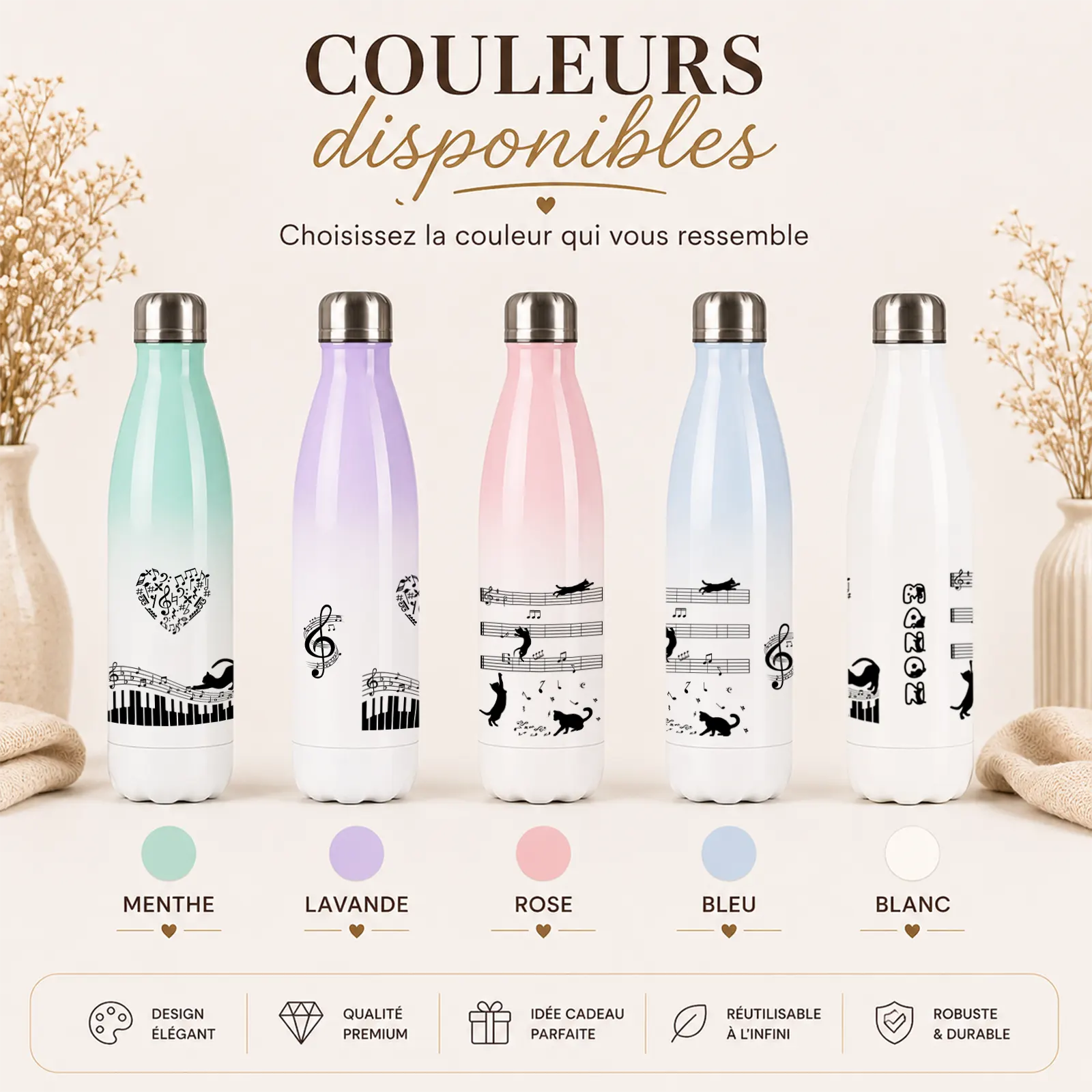 Cinq bouteilles isothermes à motif chats et notes de musique en vert menthe, lavande, rose, bleu et blanc