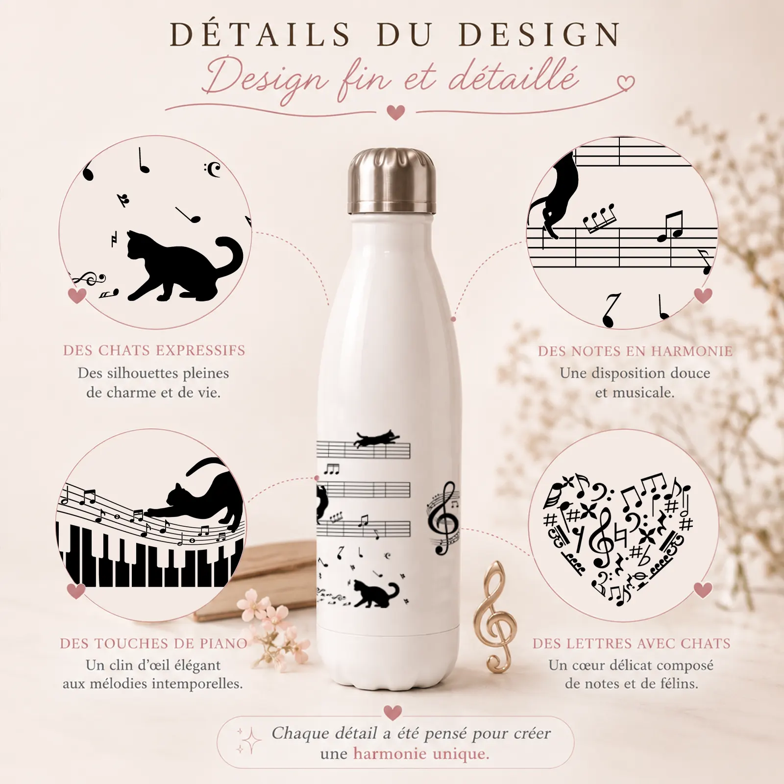 Détails du motif d'une bouteille isotherme blanche : chats noirs, notes de musique, touches de piano et cœur mélodique