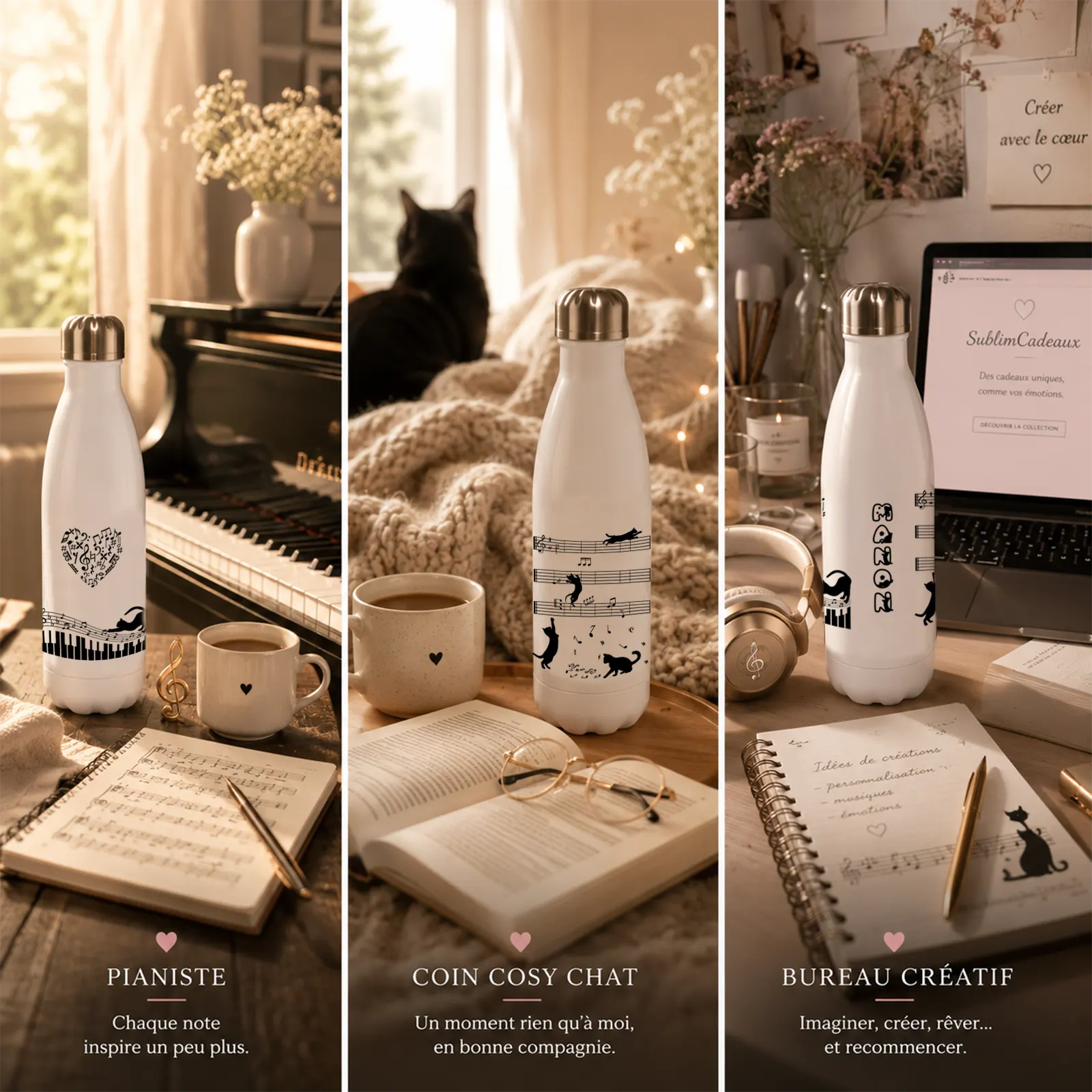Trois ambiances cosy avec la bouteille isotherme blanche à motif chats et notes de musique : piano, café et bureau