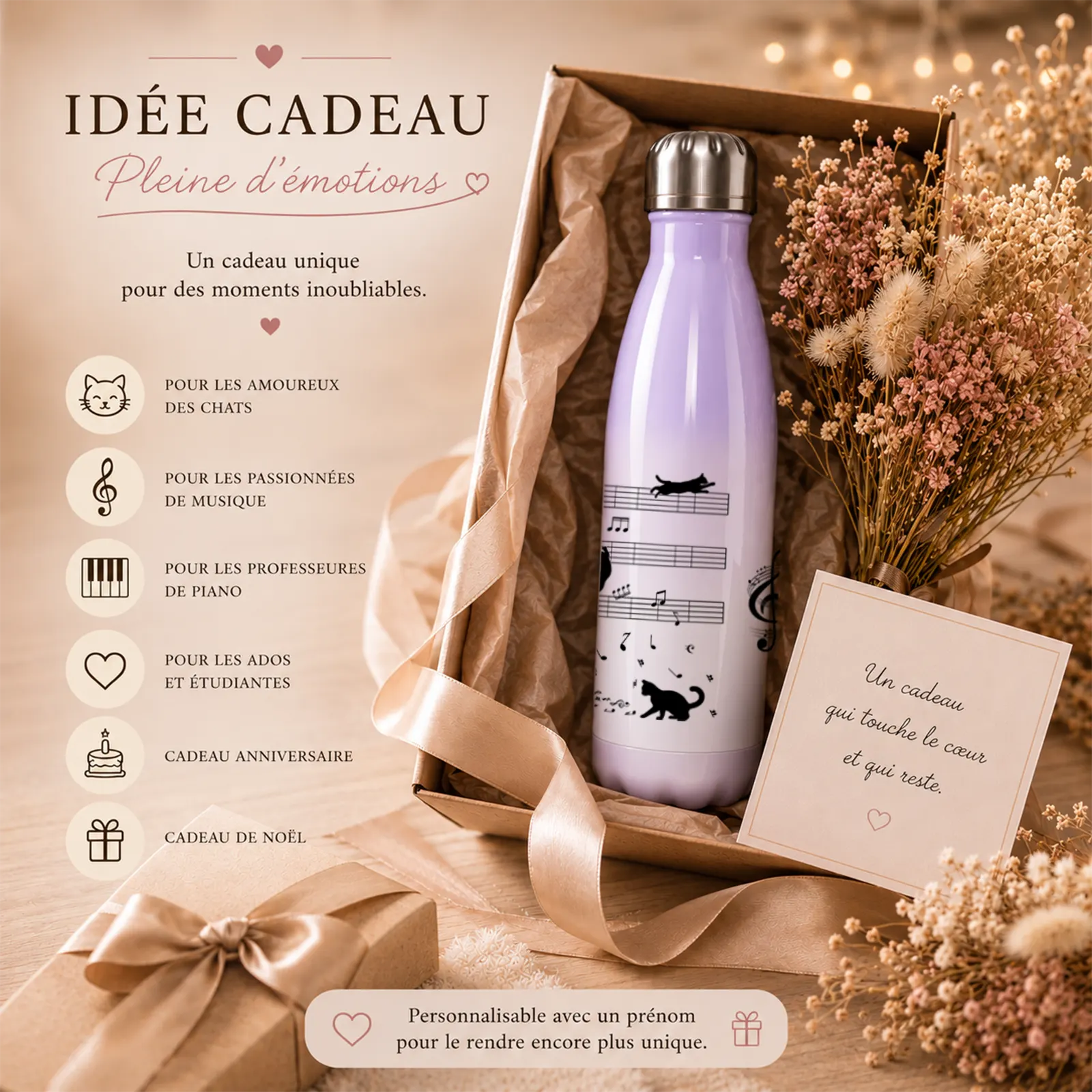 Bouteille isotherme lavande à motif chats et notes de musique dans un coffret cadeau kraft avec fleurs séchées