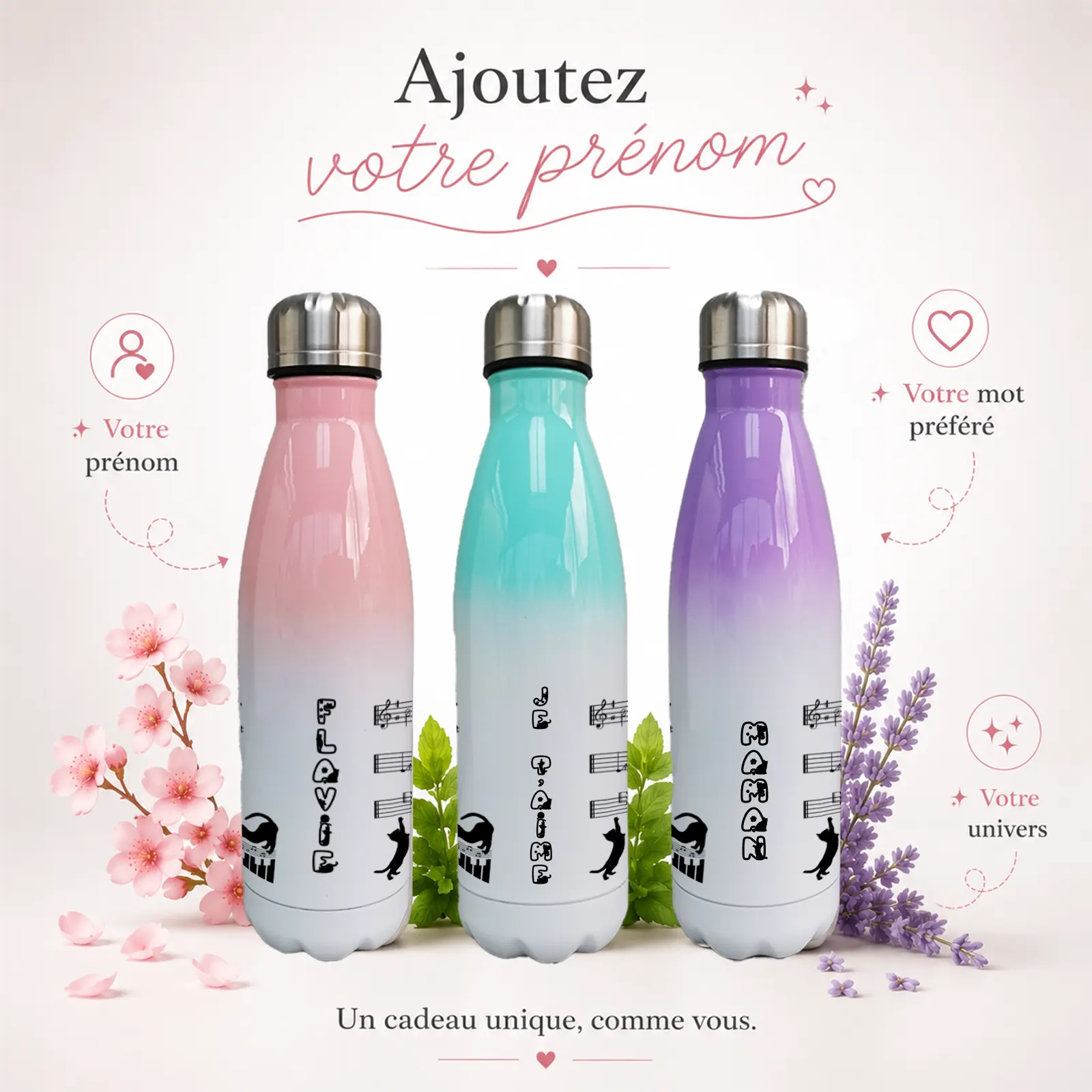 Trois bouteilles isothermes dégradées rose, turquoise et violet, motif chat au piano et notes, prénom à personnaliser