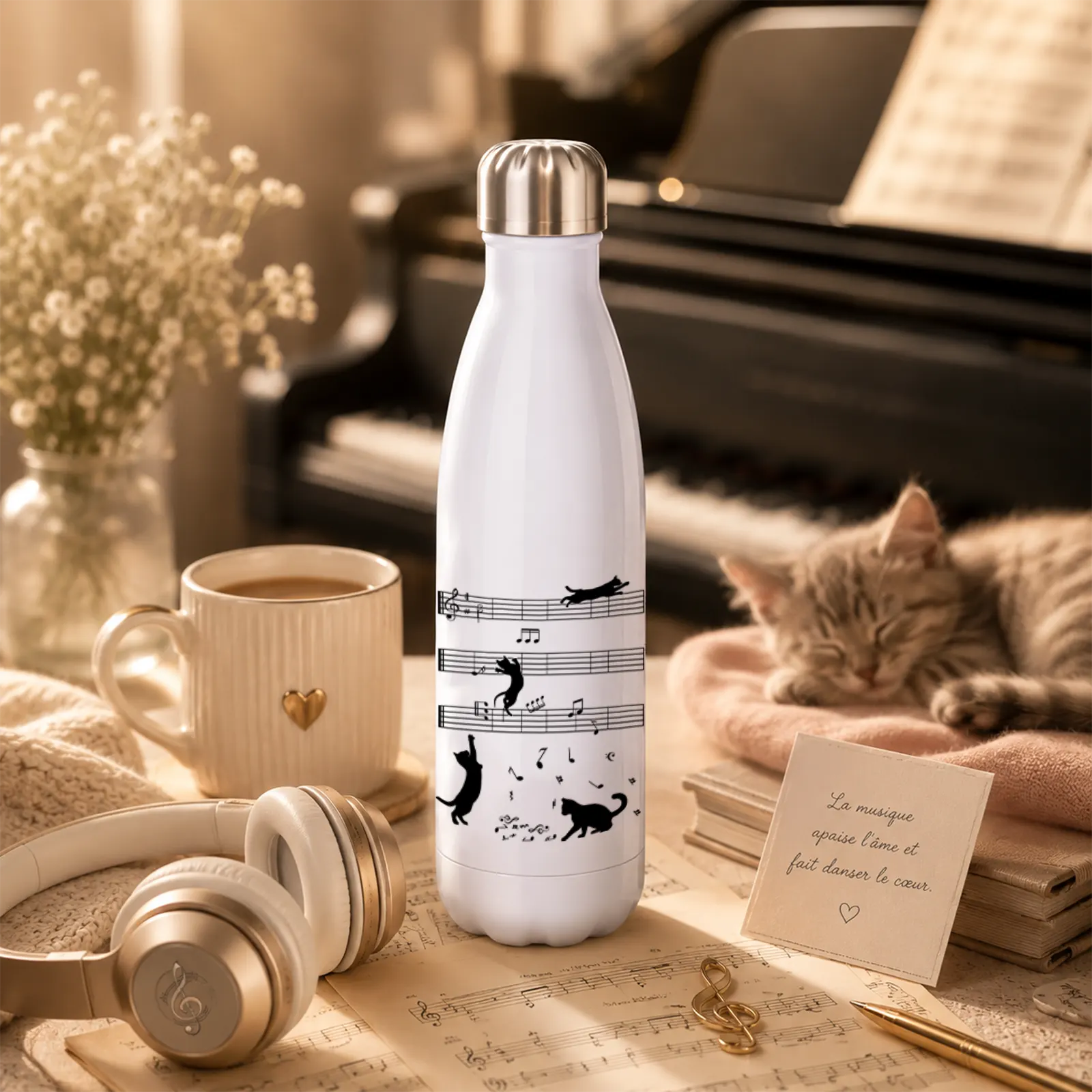 Bouteille isotherme blanche à motif chats et notes de musique posée sur des partitions, près d'un casque et d'un chaton