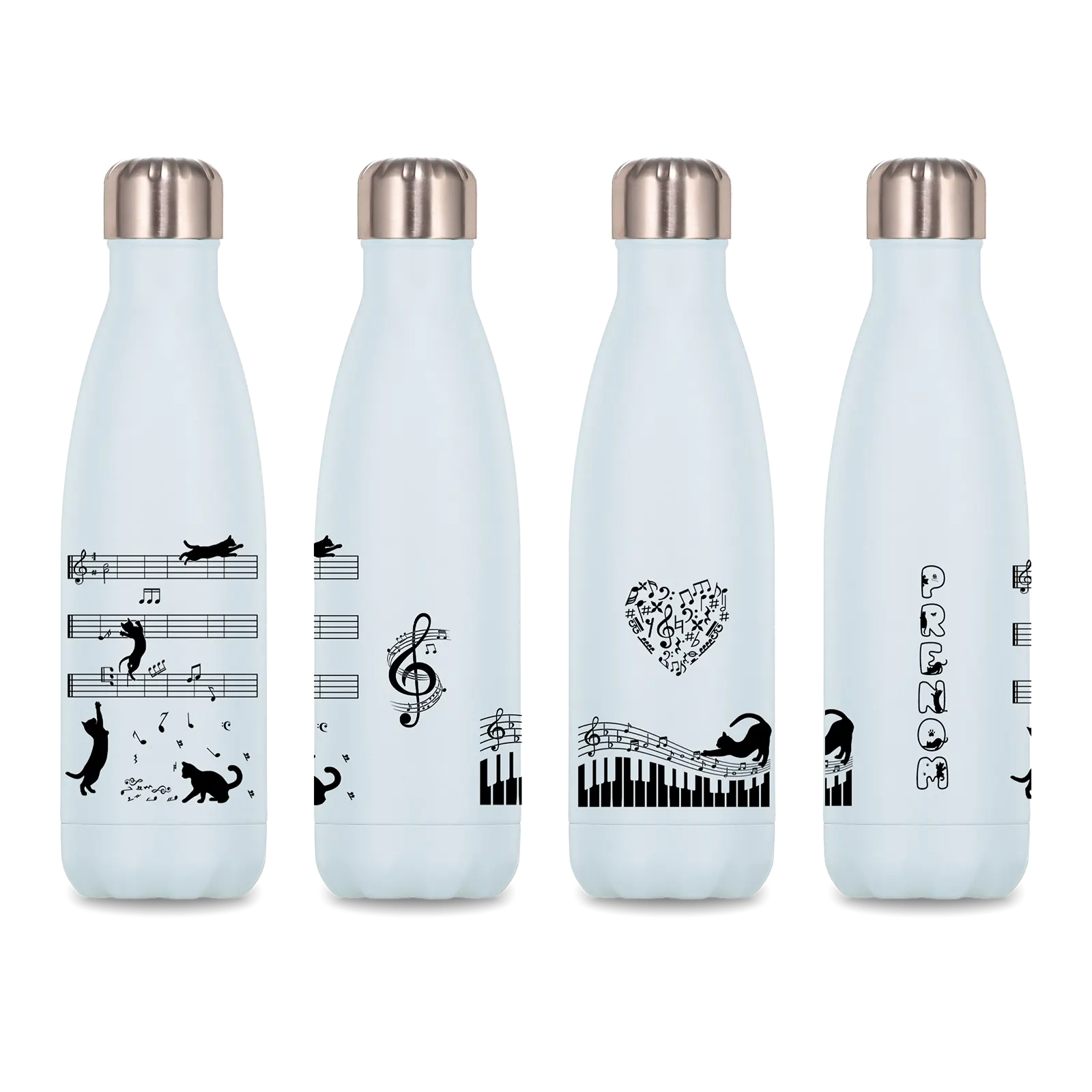 Bouteille isotherme bleu clair imprimée de chats, de notes de musique et d'un clavier de piano, prénom à personnaliser