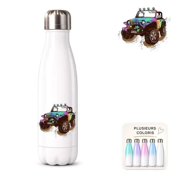 Bouteille isotherme blanche à personnaliser, imprimée d'un 4x4 tout-terrain multicolore éclaboussant de la boue