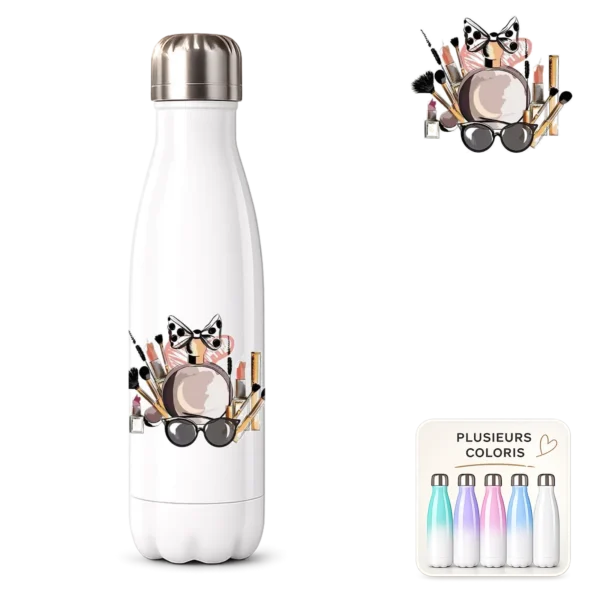 Bouteille isotherme blanche à personnaliser, motif beauté imprimé : parfum, pinceaux, rouges à lèvres et lunettes de soleil
