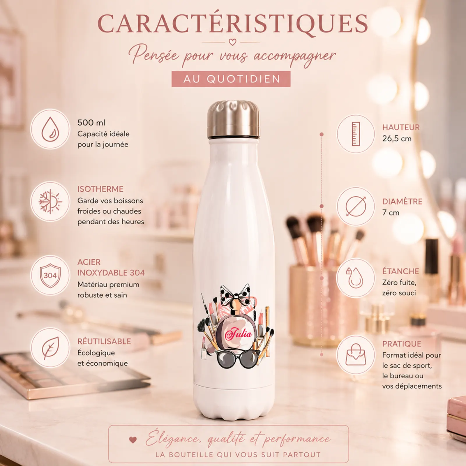 Bouteille isotherme blanche à motif maquillage présentée avec ses caractéristiques : 500 ml, étanche, isotherme