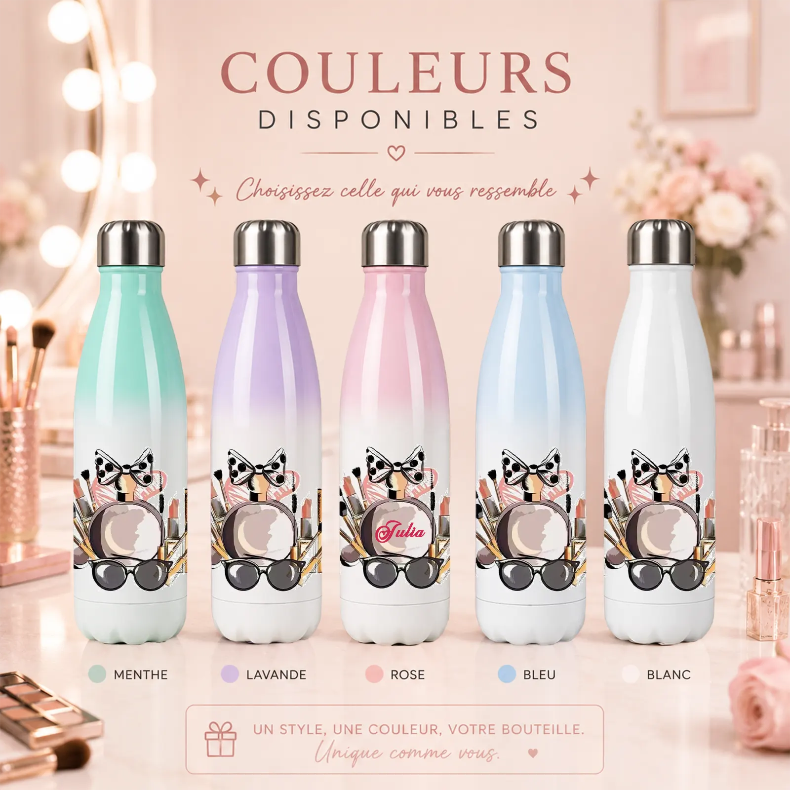 Cinq bouteilles isothermes à motif maquillage, coloris menthe, lavande, rose, bleu et blanc