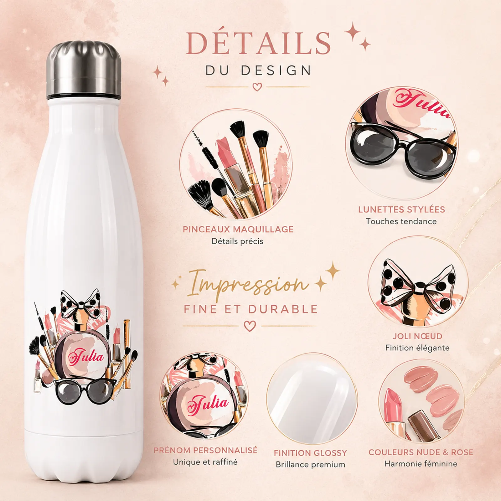 Bouteille isotherme blanche à motif beauté (maquillage, lunettes, nœud) avec prénom à personnaliser