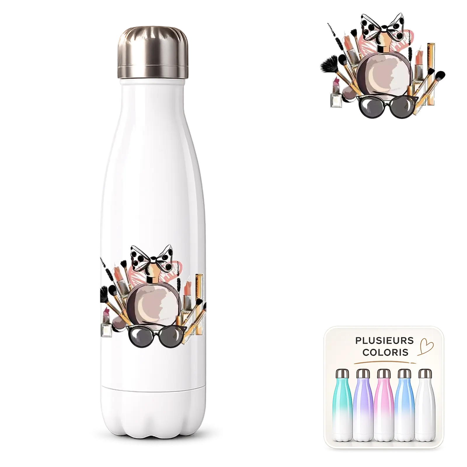 Bouteille isotherme blanche à personnaliser, motif beauté imprimé : parfum, pinceaux, rouges à lèvres et lunettes de soleil