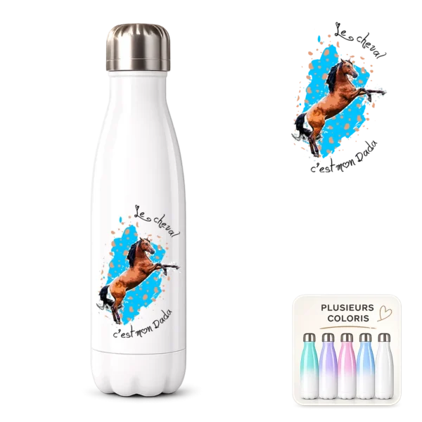 Bouteille isotherme blanche à personnaliser, imprimée d'un cheval brun cabré et du texte Le cheval c'est mon dada