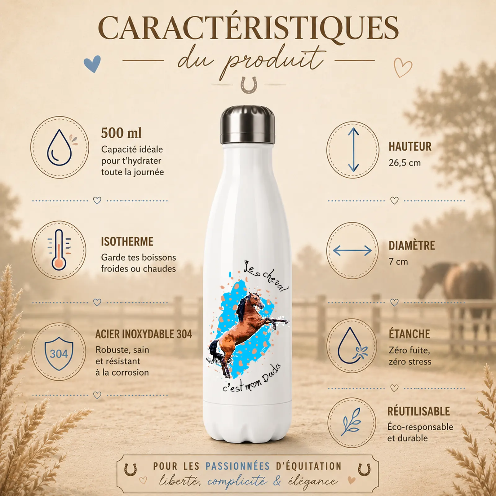 Bouteille isotherme blanche fuselée, cheval bai cabré aquarelle sur éclaboussure bleue et « Le cheval c'est mon Dada »