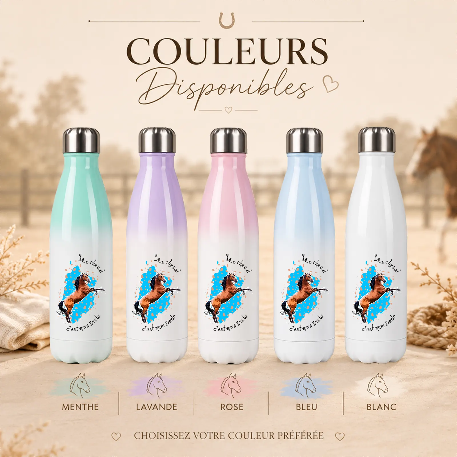 Cinq bouteilles isothermes en menthe, lavande, rose, bleu et blanc, cheval cabré aquarelle et « Le cheval c'est mon Dada »