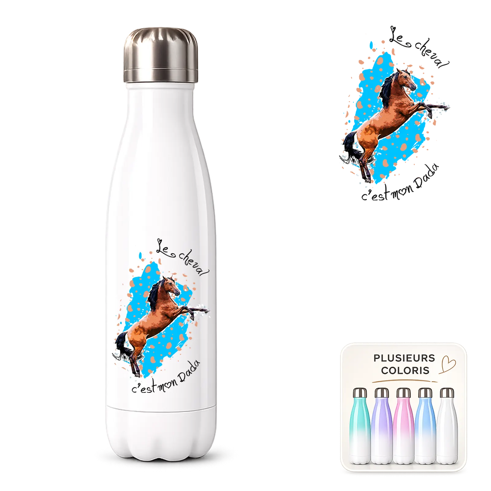 Bouteille isotherme blanche à personnaliser, imprimée d'un cheval brun cabré et du texte Le cheval c'est mon dada