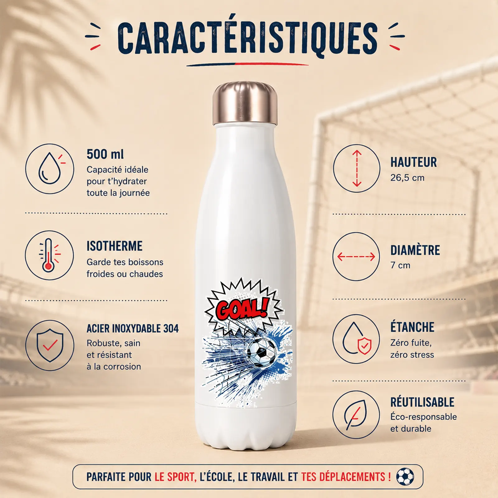 Bouteille isotherme blanche imprimée d'un ballon de foot et du mot GOAL en style BD, à personnaliser