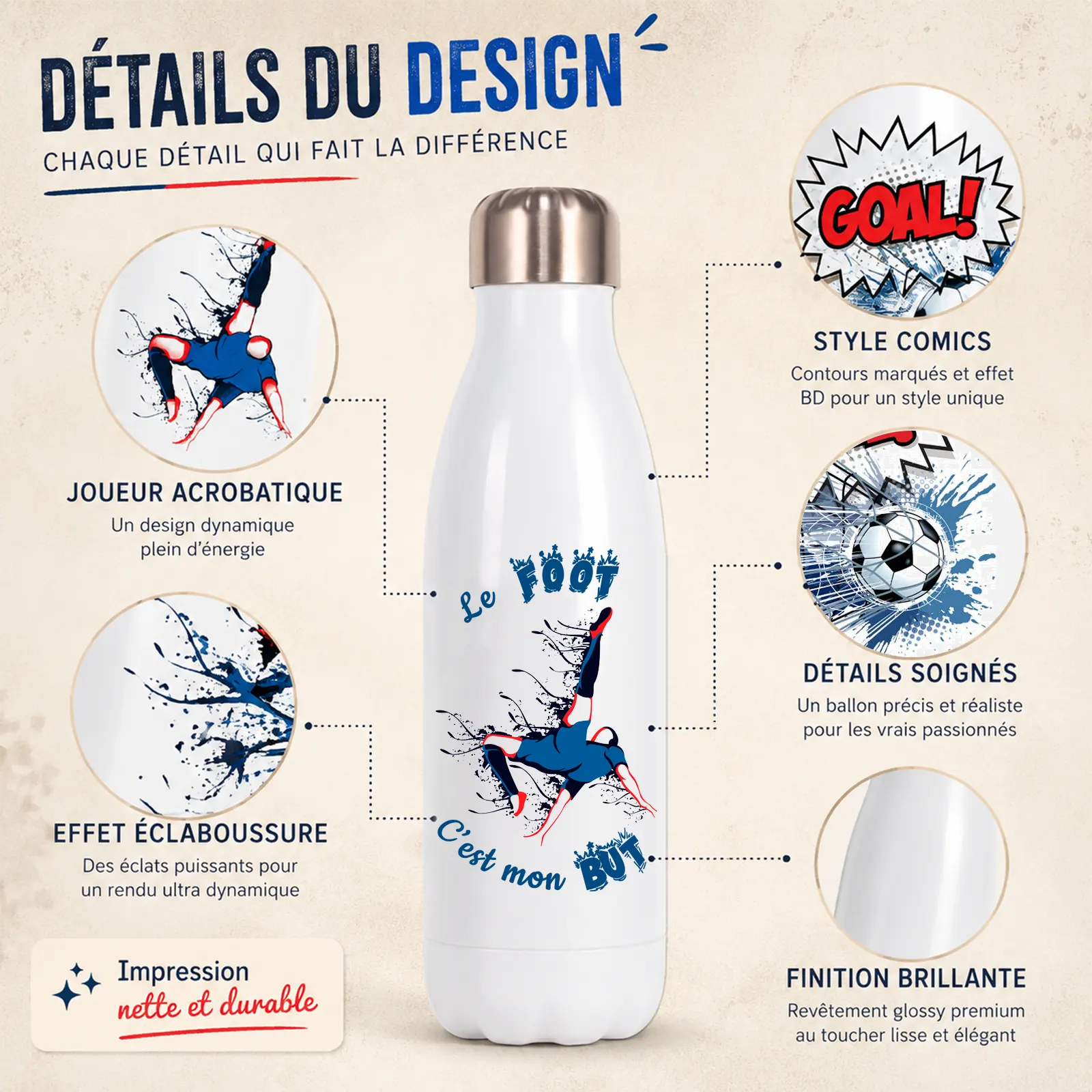 Bouteille isotherme blanche, footballeur acrobatique style BD en bleu et rouge, texte « Le foot c'est mon but »