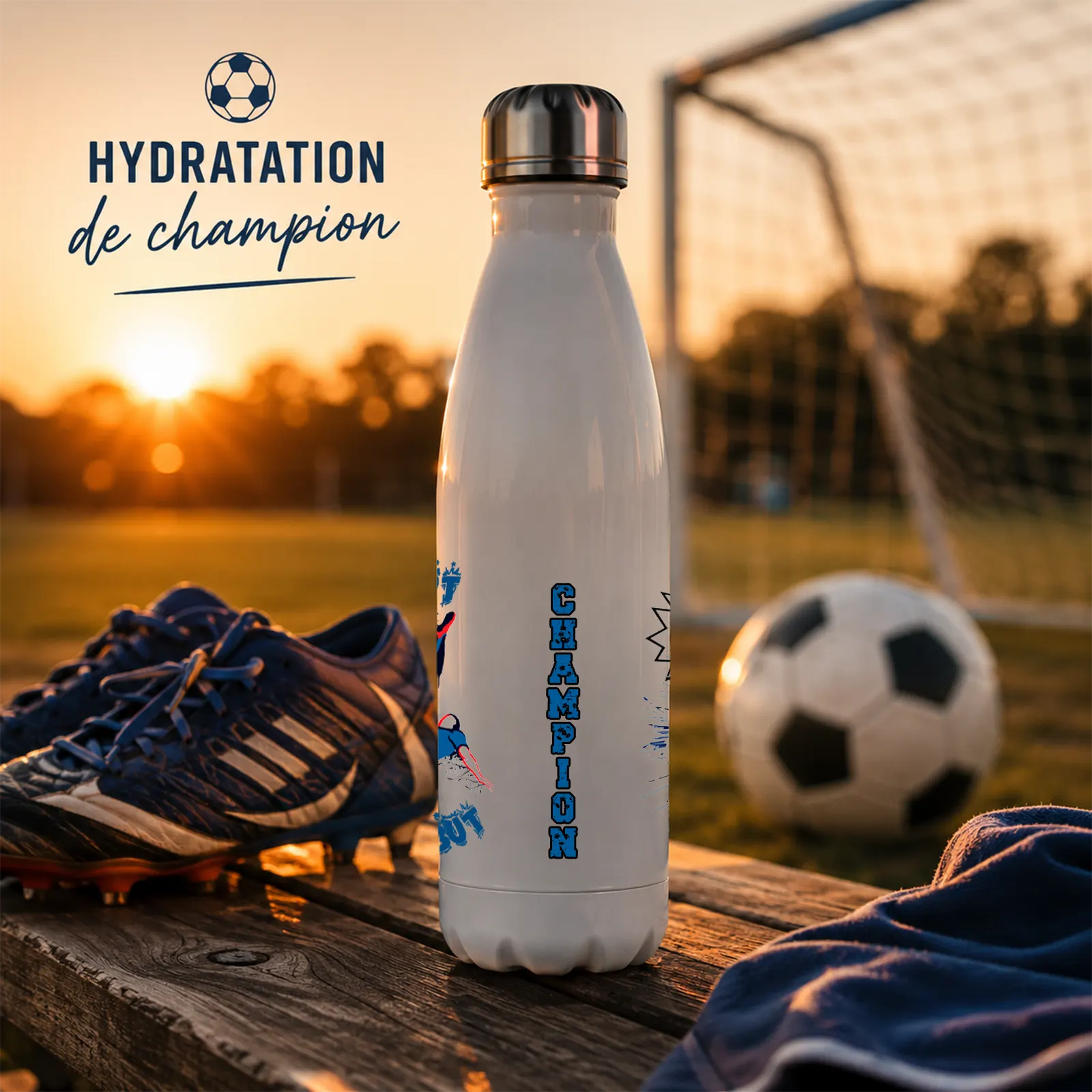 Bouteille isotherme blanche imprimée CHAMPION posée sur un banc près de crampons et d'un ballon de foot