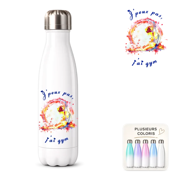 Bouteille isotherme blanche à personnaliser, imprimée d'une gymnaste en aquarelle et du texte J'peux pas, j'ai gym